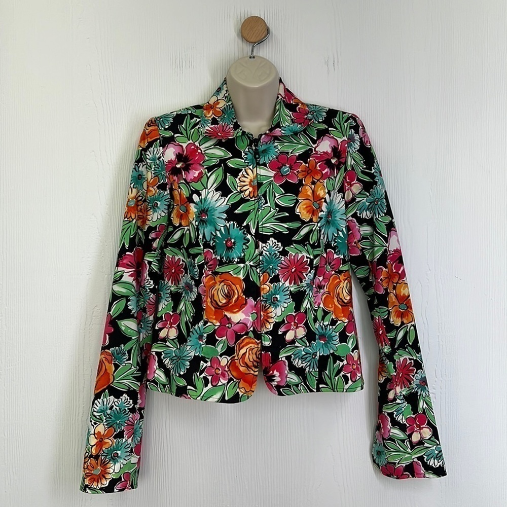Anthracite - Bright Bold Floral Zip Up Shoulder Pad Blazer Size 4
